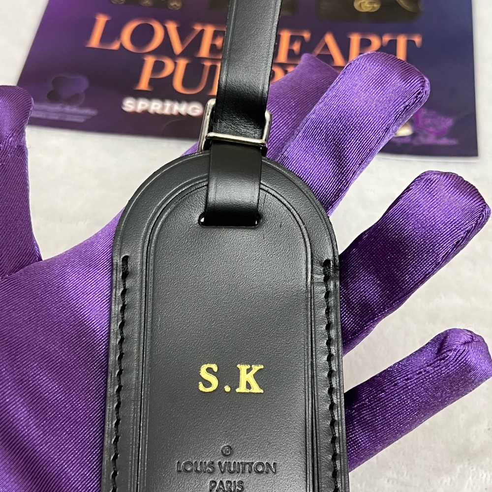 Louis Vuitton Black Leather Luggage Tag with Gold Initials